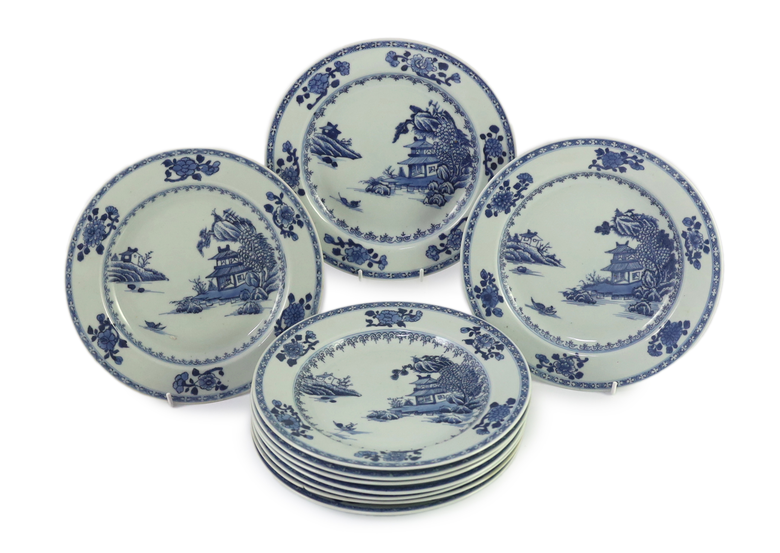 Ten Chinese blue and white ‘Boatman and Six flower border’ plates, Nanking Cargo, c.1750